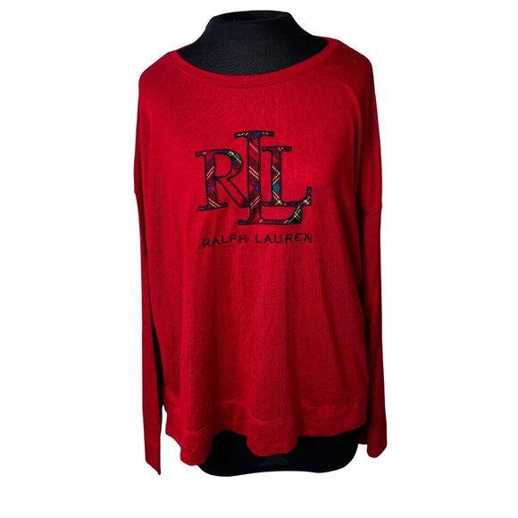 Lauren Ralph Lauren Red Long Sleeve Womens Top With Plaid RLL Logo Size XL - Picture 1 of 10